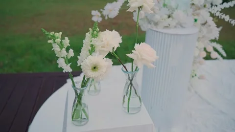 Wedding reception decor, fresh flower arrangements, a new design solution. Its Stock Footage 329094663
