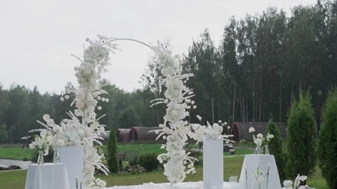 Wedding reception decor, fresh flower arrangements, a new design solution. Its Video stock 329095037