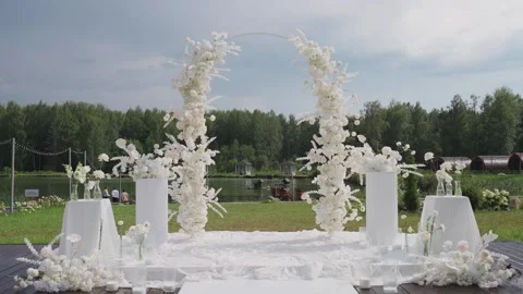 Wedding reception decor, fresh flower arrangements, a new design solution. Its Stock Footage 329095201