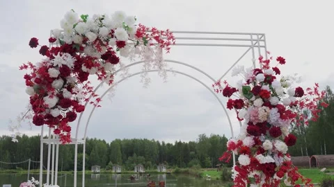 Wedding reception decor, fresh flower arrangements, a new design solution. Its Stock Footage 329095284