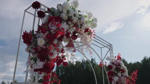 Wedding reception decor, fresh flower arrangements, a new design solution. Its Stock Footage 329247935