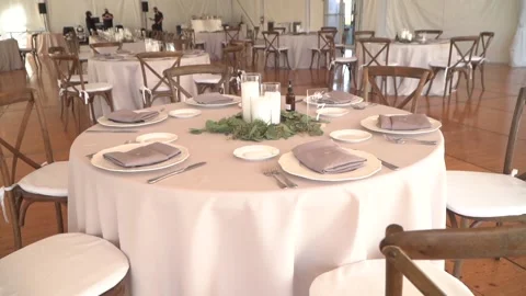 Wedding Reception Decor / Tables in Massive Tent Stock Footage 148499538