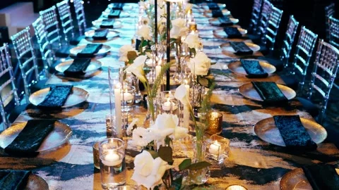 Wedding reception dinner decorations. Full HD video Stock Footage 299733871
