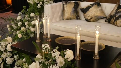 Wedding reception dinner decorations. Full HD video Stock Footage 299733926