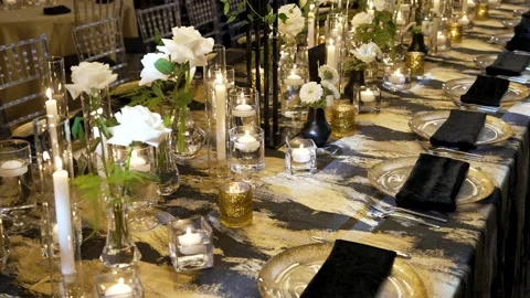 Wedding reception dinner decorations. Full HD video Stock Footage 299897615