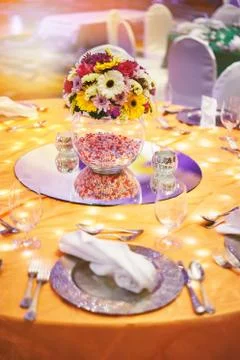 Wedding reception dinner table setting with bouquet decoration Fotos Stock