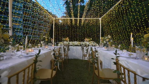  wedding reception dinning table setup at a restaurant. Stock Footage 156399431