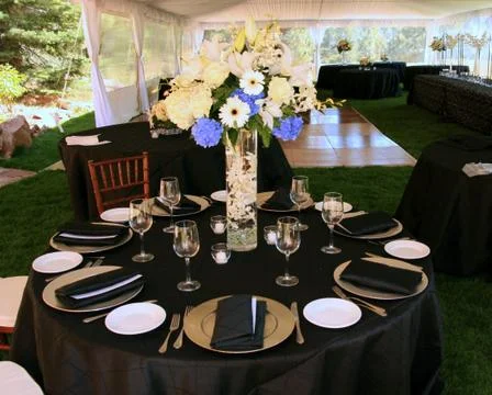 Wedding reception layout, black & gold theme Stock Photos