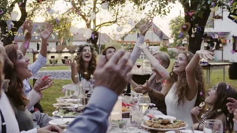 Wedding reception outside in the backyard. Stock Footage