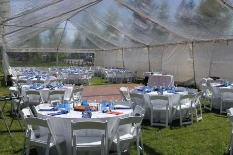 Wedding reception set-up inside tent 스톡 사진