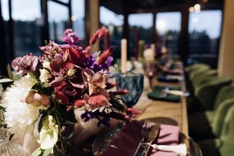 Wedding reception table in a restaurant. Wedding ideas Stock Photos