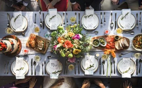 Wedding Reception Table Setting Aerial Top View Stock Photos