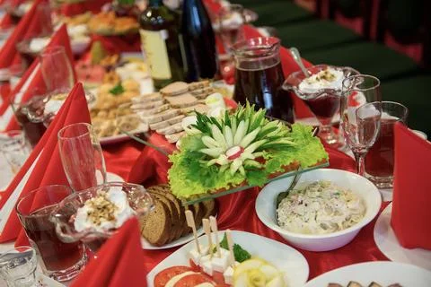 Wedding Reception Table With Traditional Cold Dishes Stock Photos