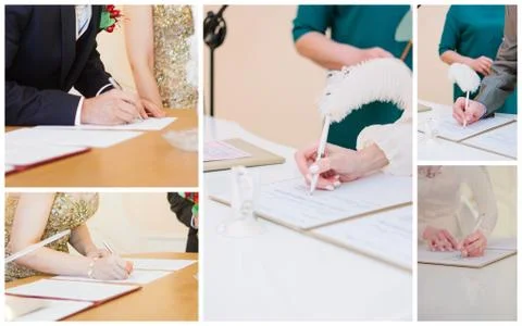 Wedding registration process. Bride and groom sign in the register book Stock Photos
