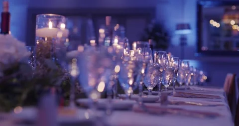 Wedding. Restaurant banquet table set up served dinner tableware and silverware Stock Footage 172606413