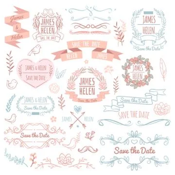 Wedding retro vector elements for invitation card. Rustic floral elegant design Stock Illustration