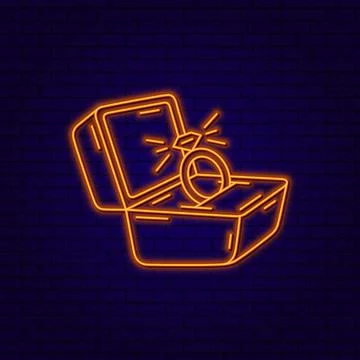 Wedding ring in a box. 3d Neon icon in vector. Doodle ring. Neon sign Stock Illustration
