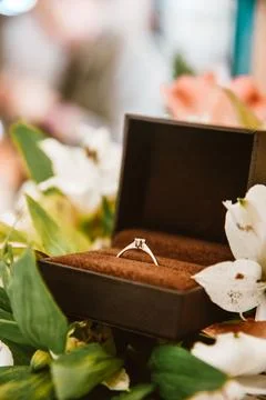 Wedding ring in a box close-up, gold ring with a diamond in flowers. Weddin.. Stock Photos
