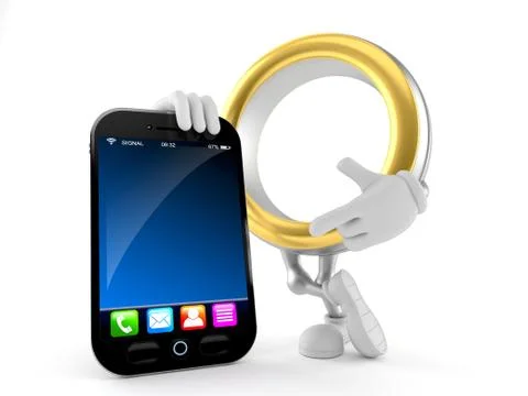 Wedding ring character with smartphone Stock Illustration