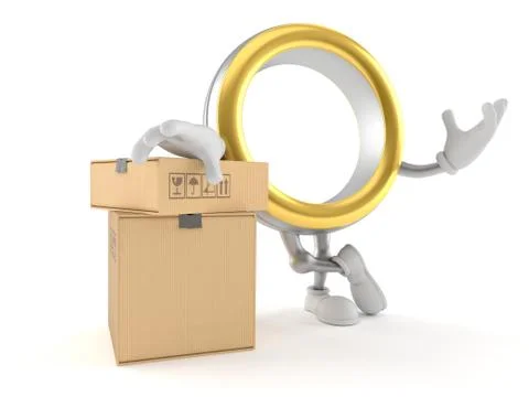 Wedding ring character with stack of boxes Stock Illustration