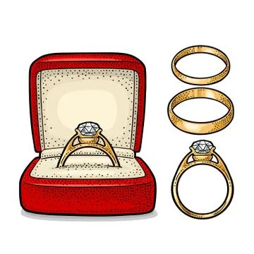 Wedding ring with diamond in a gift box. Vintage color vector engraving illus Stock-Illustration
