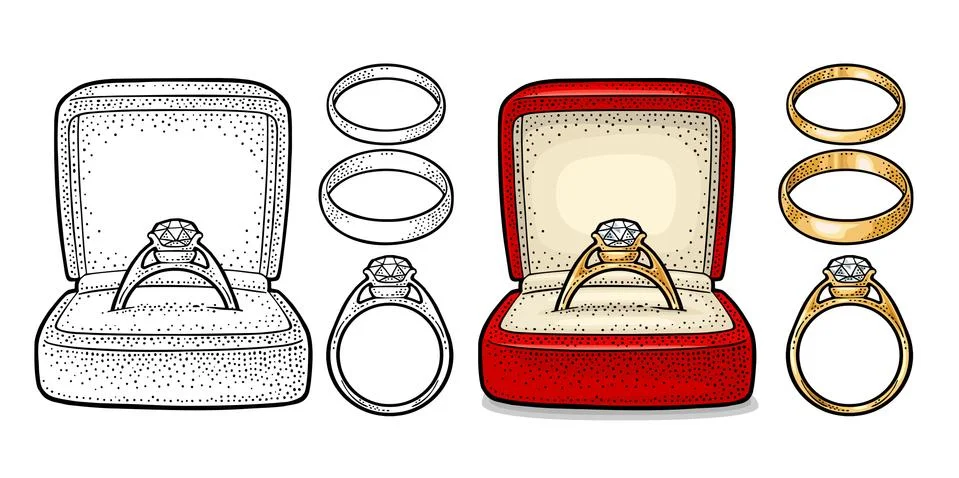 Wedding ring with diamond in a gift box. Vintage color vector engraving illus イラスト素材