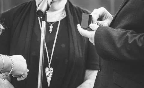 Wedding ring exchange ceremony close up hands Stock Photos