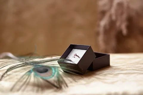 Wedding ring in a gift box with a peacock feather. Copy space Foto stock