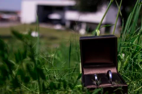 Wedding ring in grass with villa in background Stock Photos