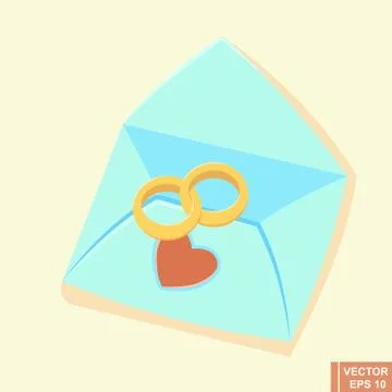 Wedding ring. Greeting card in the envelope, with heart. Vector cute cartoon  Stockillustratie