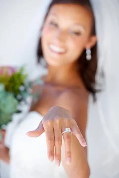 Wedding ring, hand and bride with diamond, jewellery and pride for commitment Stock Photos