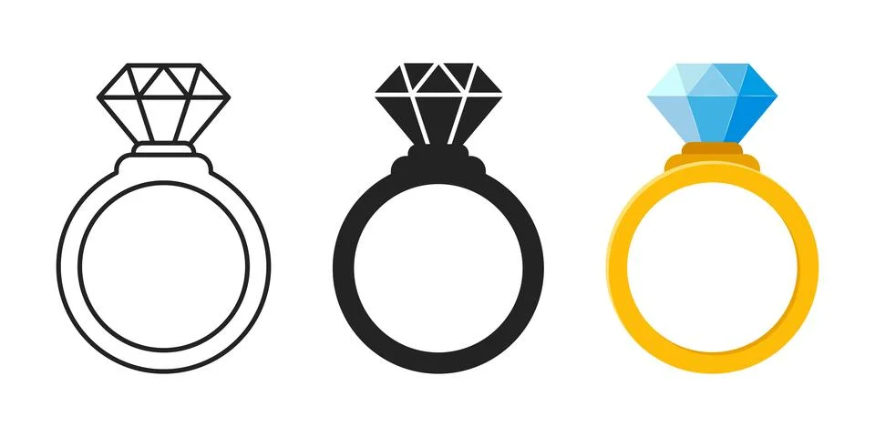 Wedding ring icon set collection in flat style. Brilliant gold jewellery ve.. Stock Illustration