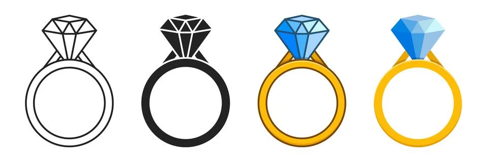 Wedding ring icon set collection in flat style. Brilliant gold jewellery ve.. Stock Illustration
