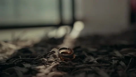 The wedding ring lies on a brown carpet in the sunny path Stock Footage 226349530