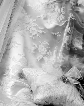 Wedding ring on pillow laying on a white wedding dress Stock Photos