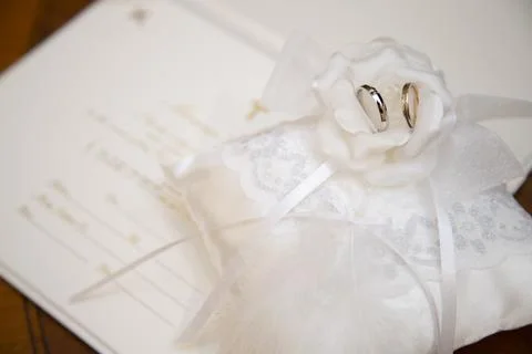 Wedding ring, ring pillow and marriage certificate 写真素材
