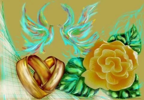 Wedding rings and abstract doves Stock Illustration