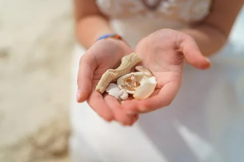 Wedding rings and small shells in the hands of a girl. Stockfoto's