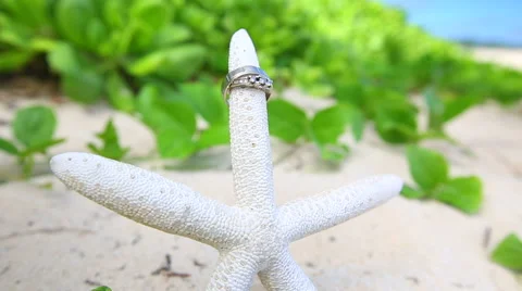Wedding rings and startfish beach love concept Stock Footage 57886179