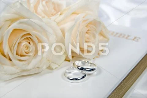 Wedding rings on Bible Stock Photos