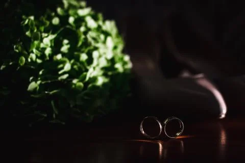 Wedding rings, close-up, delicate background Stock Photos