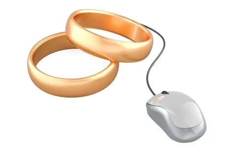 Wedding rings with computer mouse. Online Marriage Service, wedding online .. Illustrazione stock
