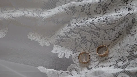 Wedding rings fall down on the bride's gown Stock Footage 129004096