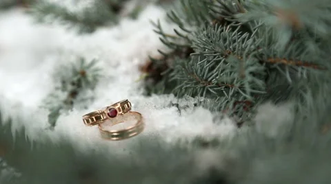 Wedding rings lie on the snow Видео 57107907
