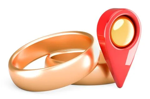 Wedding rings with map pointer, 3D rendering Illustrazione stock