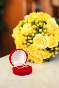 Wedding rings in a red case Stock Photos
