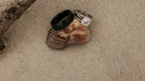 Wedding Rings on sea shell on white sand beach. Stock Footage 212146421