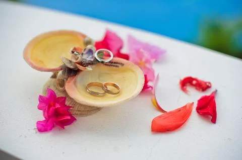 Wedding rings in the shells with the words of Boracay, Philippines. Wedding.. Stock Photos