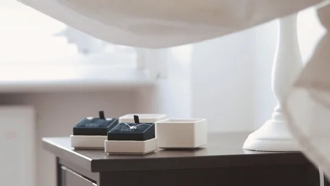 Wedding rings on a table with wind, 50% slow motion Stock Footage 86320144