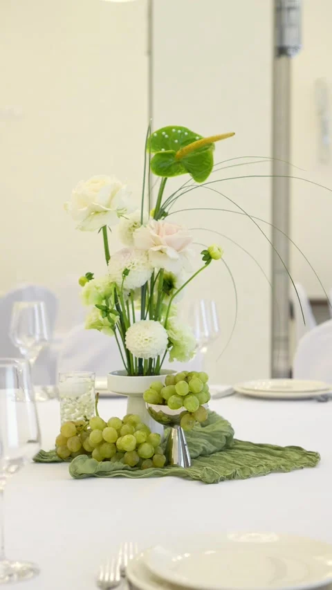 Wedding romantic composition for wedding table decoration in white and green col Stock Footage 318932238